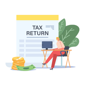person sitting at desk with tax return and plant behind them