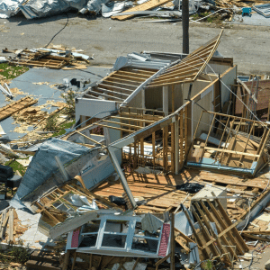 debris from destroyed buildings and houses